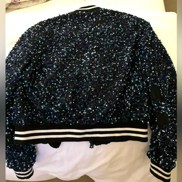 Alice + Olivia Lonnie Sequin Bomber Jacket Black Blue Size XS